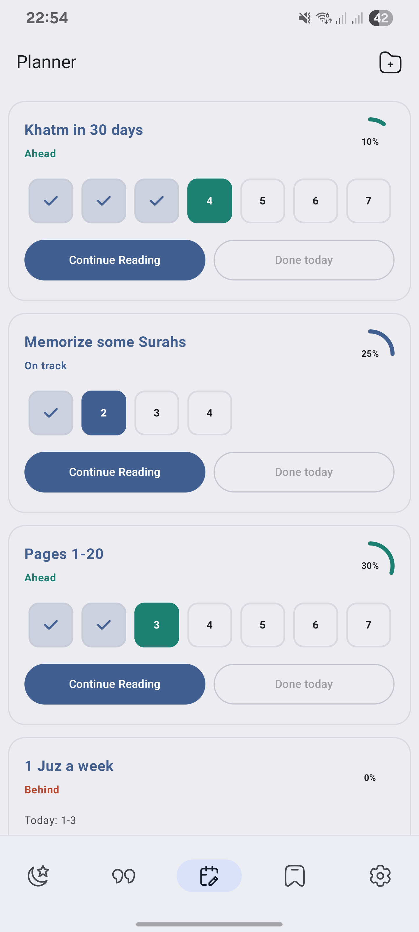 Quran reading planner screen